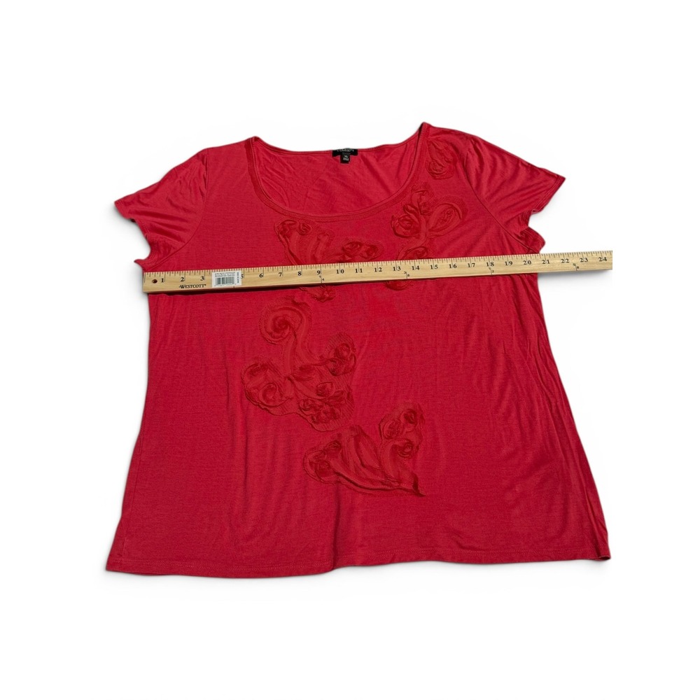 Talbots Womens XL Coral Red Floral Applique Tee Short Sleeve Botanical Top - Picture 6 of 8